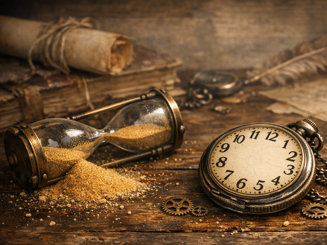 Symbole für Zeit: eine liegende Sanduhr, eine Taschenuhr ohne Zeiger